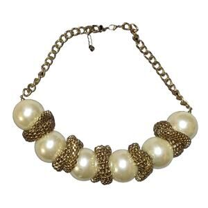 Faux Pearl Big Necklace Collar Statement Goldtone Bib Chain Estate